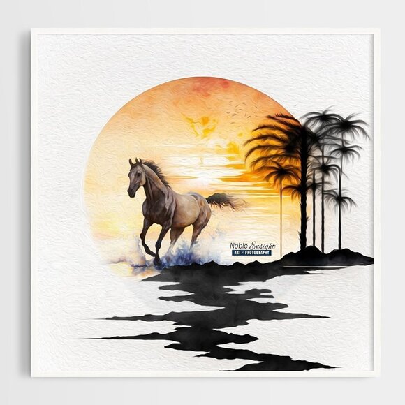 NobleCaptures Other - 8x8 Horse‎ Galloping On The Beach Rising Sun Watercolor Oil Painting Print
